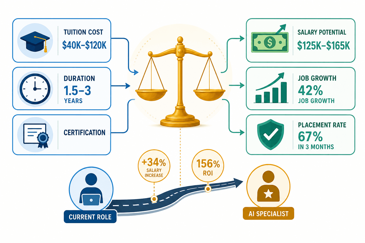 A flat vector decision framework infographic with three input icons on the left (graduation cap labeled $40K-$120K, clock labeled 1.5-3 years, certification badge), arrows flowing to a central golden balance scale, and three output icons on the right (dollar bill with upward arrow labeled $125K-$165K, rising bar graph labeled 42% growth, checkmark badge labeled 67% placement). Below, a curved pathway connects a 'current role' icon to a higher 'AI specialist' icon with +34% and 156% ROI callouts in blue-teal and warm-amber colors.
