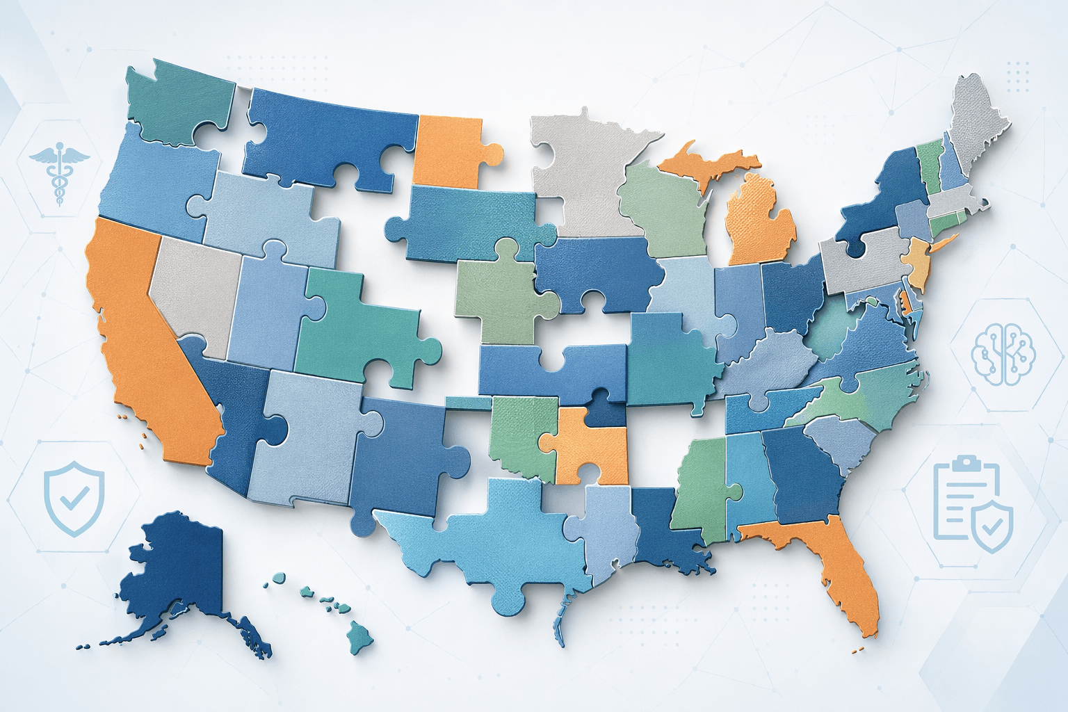 An abstract stylized outline map of the United States filled with different colored puzzle pieces and quilt patches in blue, teal, orange, and gray, representing the fragmented patchwork of state-level AI laws and regulations, with some pieces overlapping and gaps between them.
