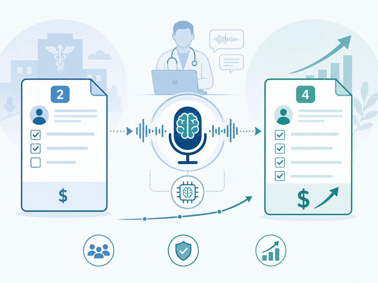 Editorial illustration showing a simple Level 2 document on the left, an AI scribe processing it in the center, and a Level 4 document with a larger dollar sign on the right.