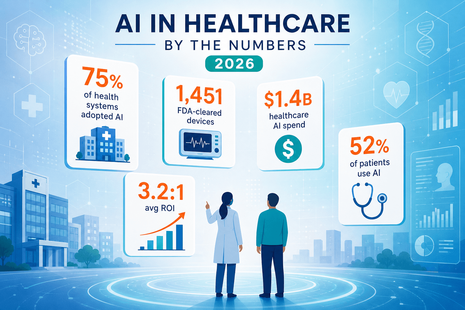 A flat vector infographic dashboard with a blue-cyan-teal gradient background and subtle medical cross-section pattern. Five floating statistical callout cards display key figures: '75% of health systems adopted AI' with a hospital icon, '1,451 FDA-cleared devices' with a medical device icon, '$1.4B healthcare AI spend' with a dollar icon, '3.2:1 avg ROI' with a chart icon, and '52% of patients use AI' with a stethoscope icon. A small silhouetted clinician and patient stand at the center-bottom looking upward at the data cards.