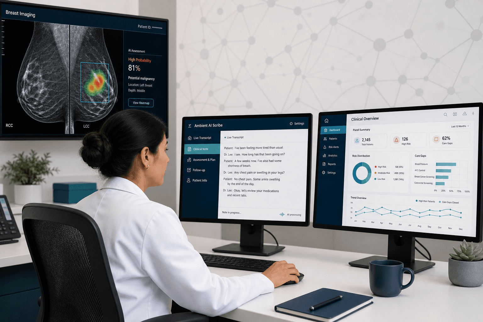 A clinician in a white coat sits at a workstation in a modern clinical workspace surrounded by multiple monitors showing an AI-highlighted mammogram, an ambient AI scribe interface with transcribed notes, and a data dashboard, with subtle neural-network patterning on the wall in teal, navy, and white.