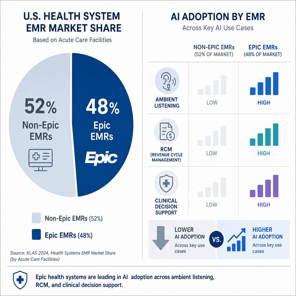 Divided editorial graphic showing 52% of health systems on non-Epic EMRs with lower AI adoption indicators, contrasted with 48% on Epic with higher adoption.