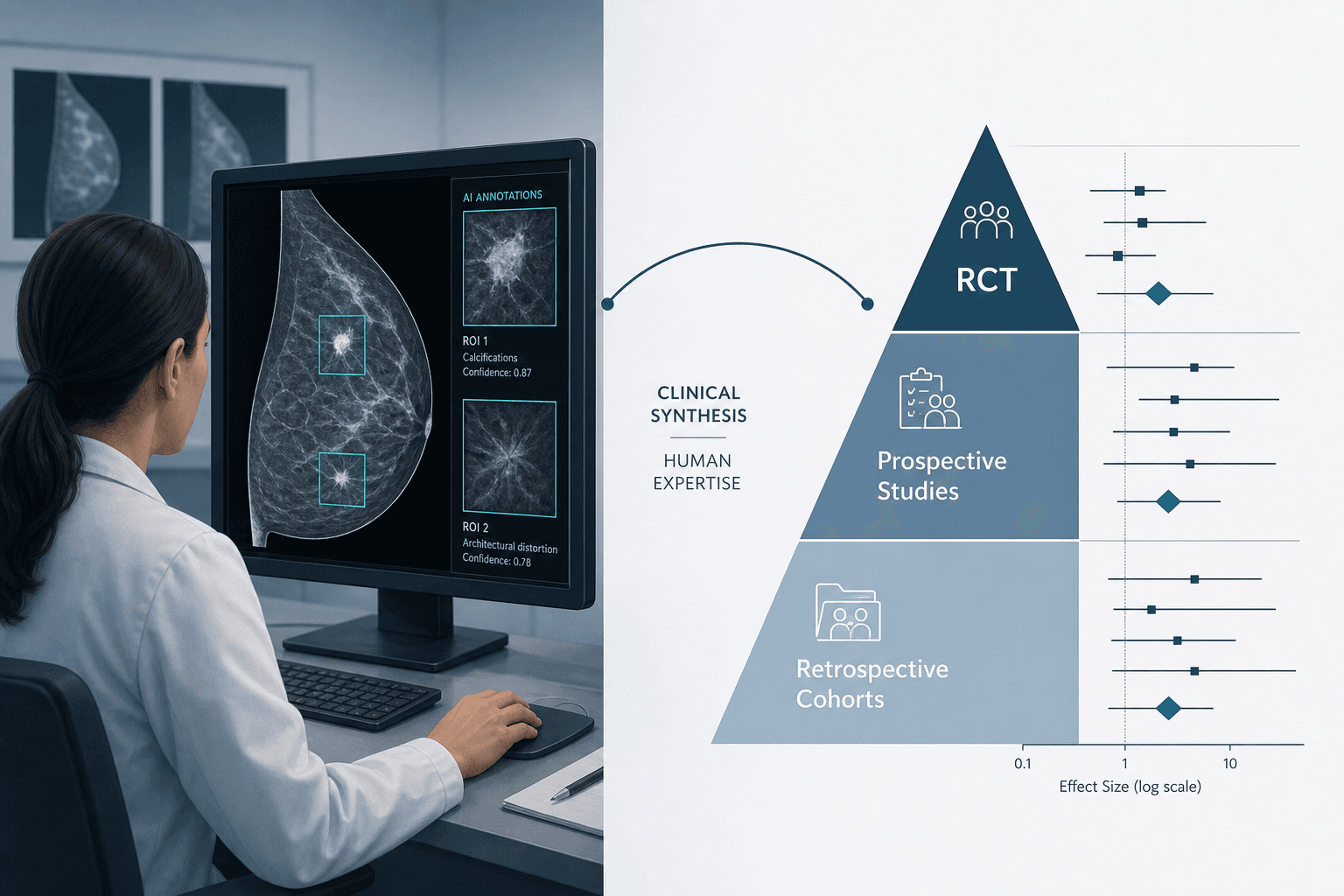 Dual-panel illustration showing a radiologist reviewing AI-annotated mammograms alongside a three-tier evidence pyramid representing RCT, prospective, and retrospective study designs.