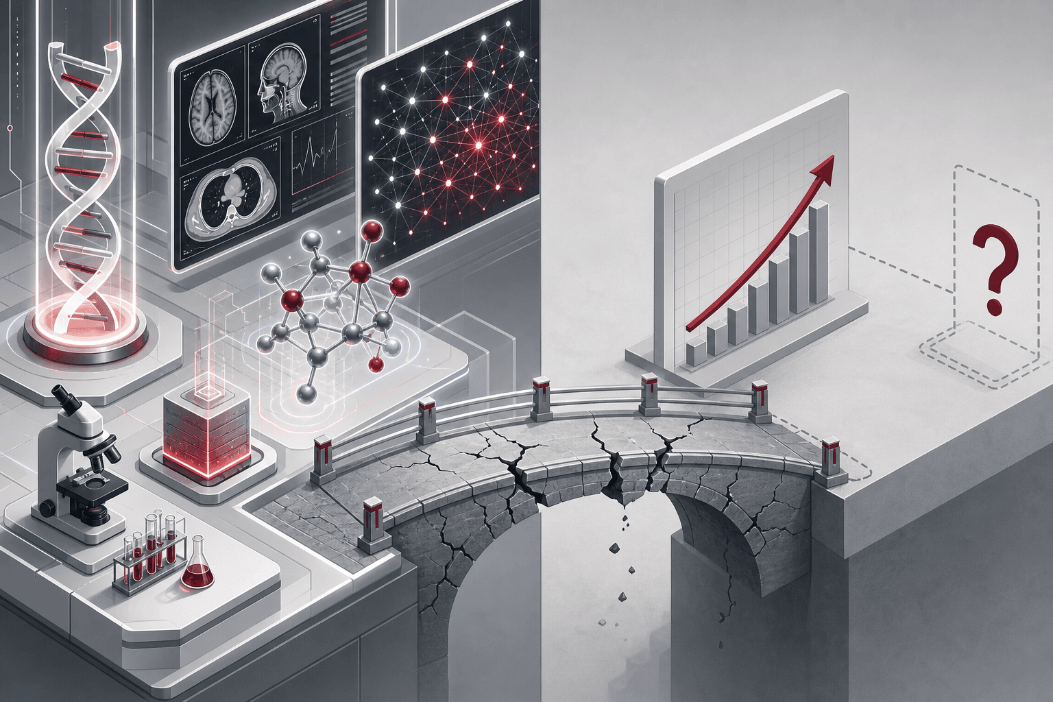 Split illustration showing MIT's AI research lab on the left and a question mark over health outcomes on the right, with a cracked bridge between them