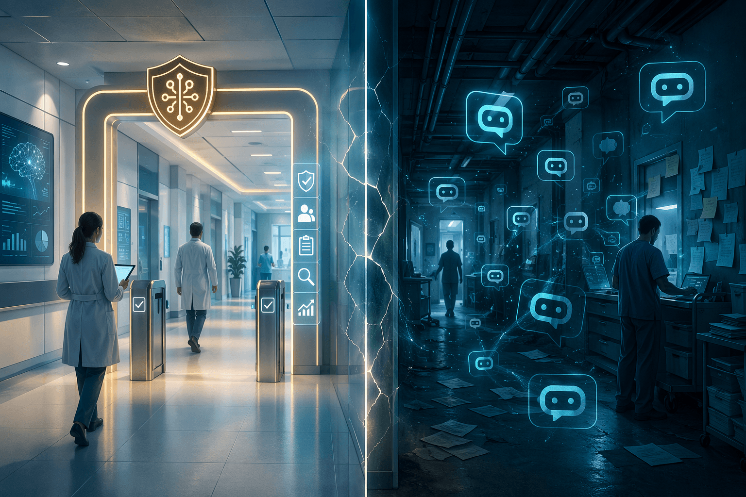 A split-scene editorial illustration contrasting approved AI governance versus shadow AI in healthcare: the left side shows a bright organized hospital corridor with an 'Approved AI' gateway and checkpoints, while the right side shows a dimmer chaotic back-corridor with uncontrolled glowing AI chatbot icons drifting through, separated by a translucent barrier with a subtle crack.