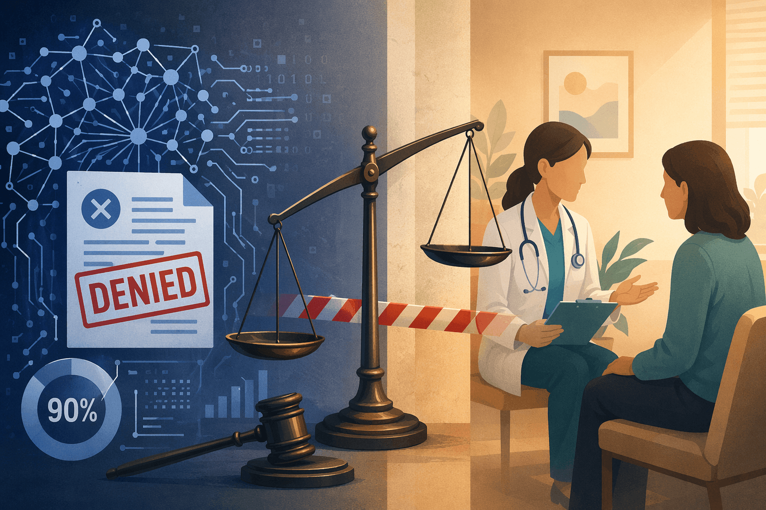 An editorial illustration showing a tension between AI-driven automated denials and clinical care, with a neural network pattern, a DENIED document, a judicial scale, and a physician-patient interaction separated by caution tape.
