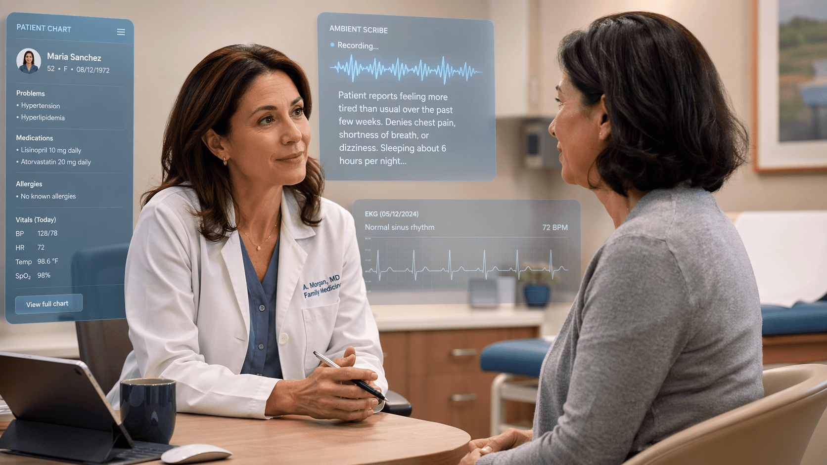 A primary care clinician in a white coat sits facing a seated patient in a modern exam room, engaged in attentive conversation. In the background, translucent AI interface elements are subtly visible — a patient chart summary, an ambient scribe transcription panel with waveform, and a faint ECG rhythm strip — suggesting AI augmentation supporting rather than replacing the human consultation.