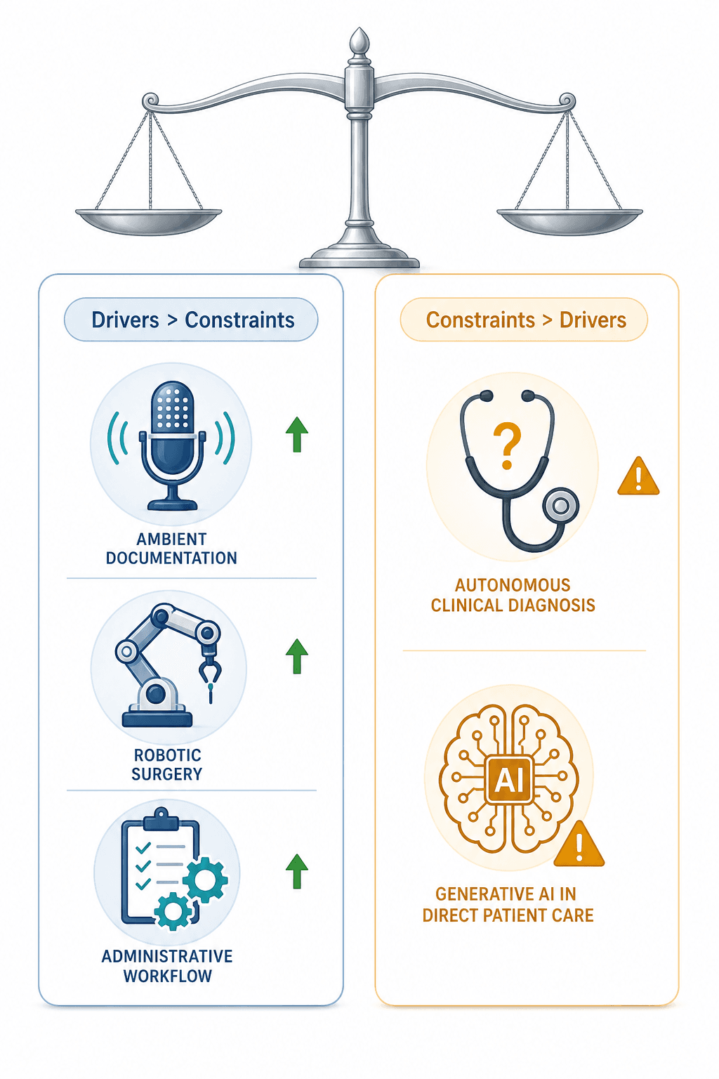 Two-column comparison illustration for AI healthcare segments: left column titled 'Drivers Outweigh Constraints' shows icons for ambient documentation, robotic surgery, and administrative workflow with green upward arrows; right column titled 'Constraints Dominate' shows icons for autonomous clinical diagnosis and generative AI in direct patient care with amber caution indicators.
