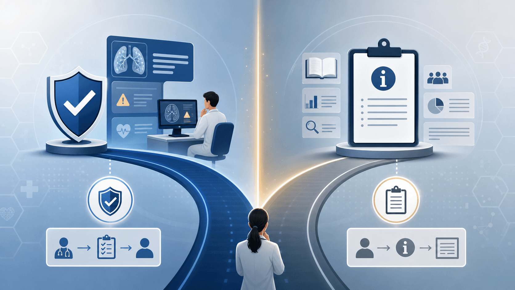 An editorial illustration depicting an abstract FDA regulatory decision pathway for AI clinical decision support software, with two diverging branches: one side shows a shield-and-approval icon representing regulated medical device status requiring clearance, the other shows a clipboard-and-information icon representing non-device administrative functions, separated by a subtle glowing boundary line.