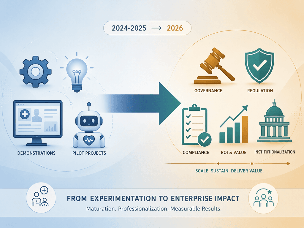 A side-by-side editorial illustration showing a visual pivot from technology demonstration icons on the left to governance and ROI icons on the right, with a 2024-2025 to 2026 label in the middle.