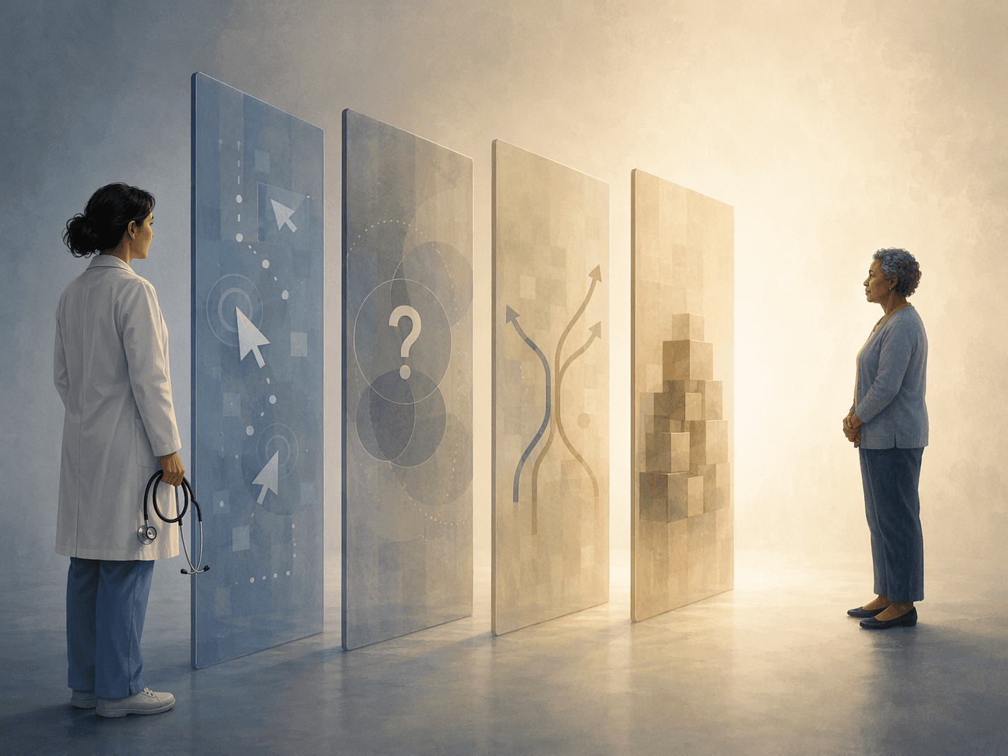 A conceptual editorial illustration showing a clinician on one side and a patient on the other, separated by four translucent geometric barrier panels. The panels visually suggest usability friction, trust deficit, equity concerns, and cost barriers. A gap of warm light between the barriers hints at the human connection that must bridge these obstacles.