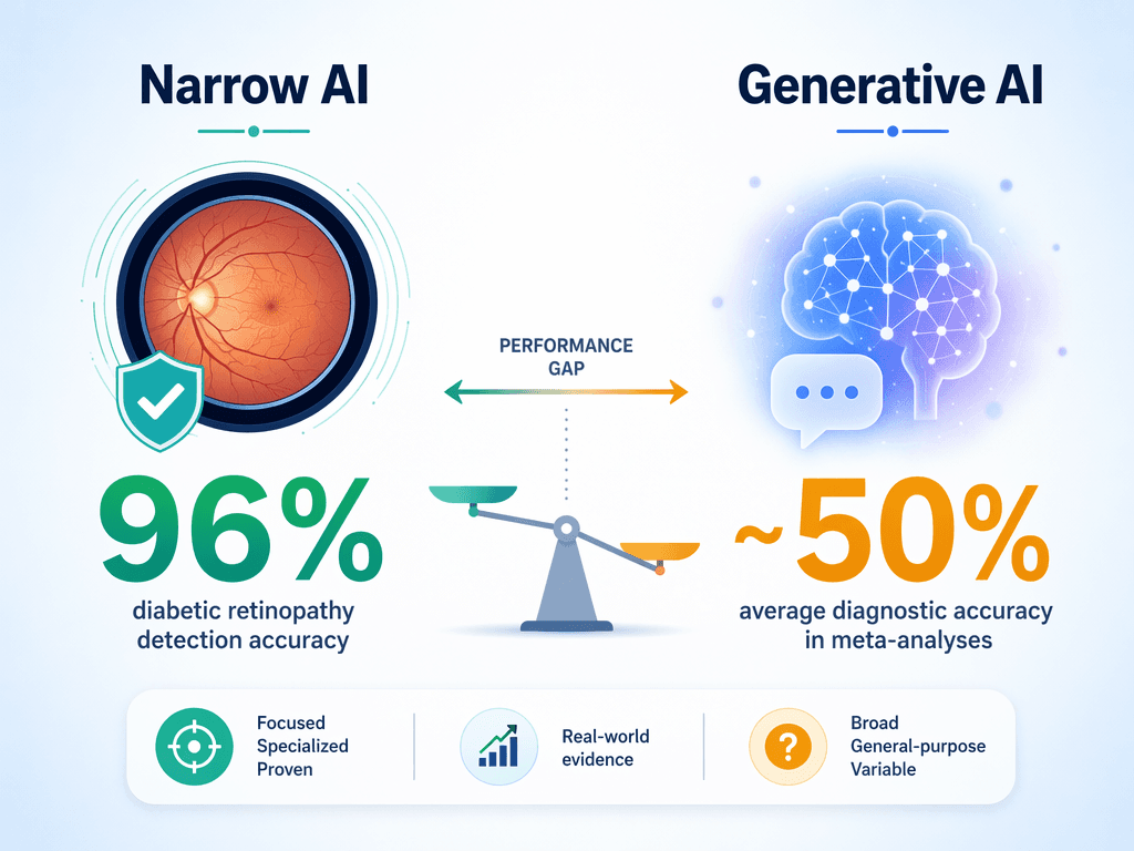 A side-by-side comparison illustration. Left column labeled 'Narrow AI' shows a precise retina scan icon with a bold green '96%' and text 'diabetic retinopathy detection accuracy'. Right column labeled 'Generative AI' shows a diffuse AI brain icon with an amber '~50%' and text 'average diagnostic accuracy in meta-analyses'. A subtle connecting arrow emphasizes the accuracy gap between the two columns.