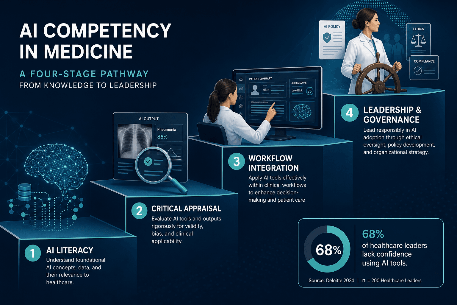 A four-stage competency staircase illustration in deep blue and teal for healthcare AI learning. Stage 1 'AI Literacy' shows brain network icons at the bottom. Stage 2 'Critical Appraisal' features a magnifying glass over AI output. Stage 3 'Workflow Integration' shows a clinician with a computer interface. Stage 4 'Leadership & Governance' depicts a clinician figure at a helm with policy documents. A data callout box in the lower right reads '68% of healthcare leaders lack confidence using AI tools'.