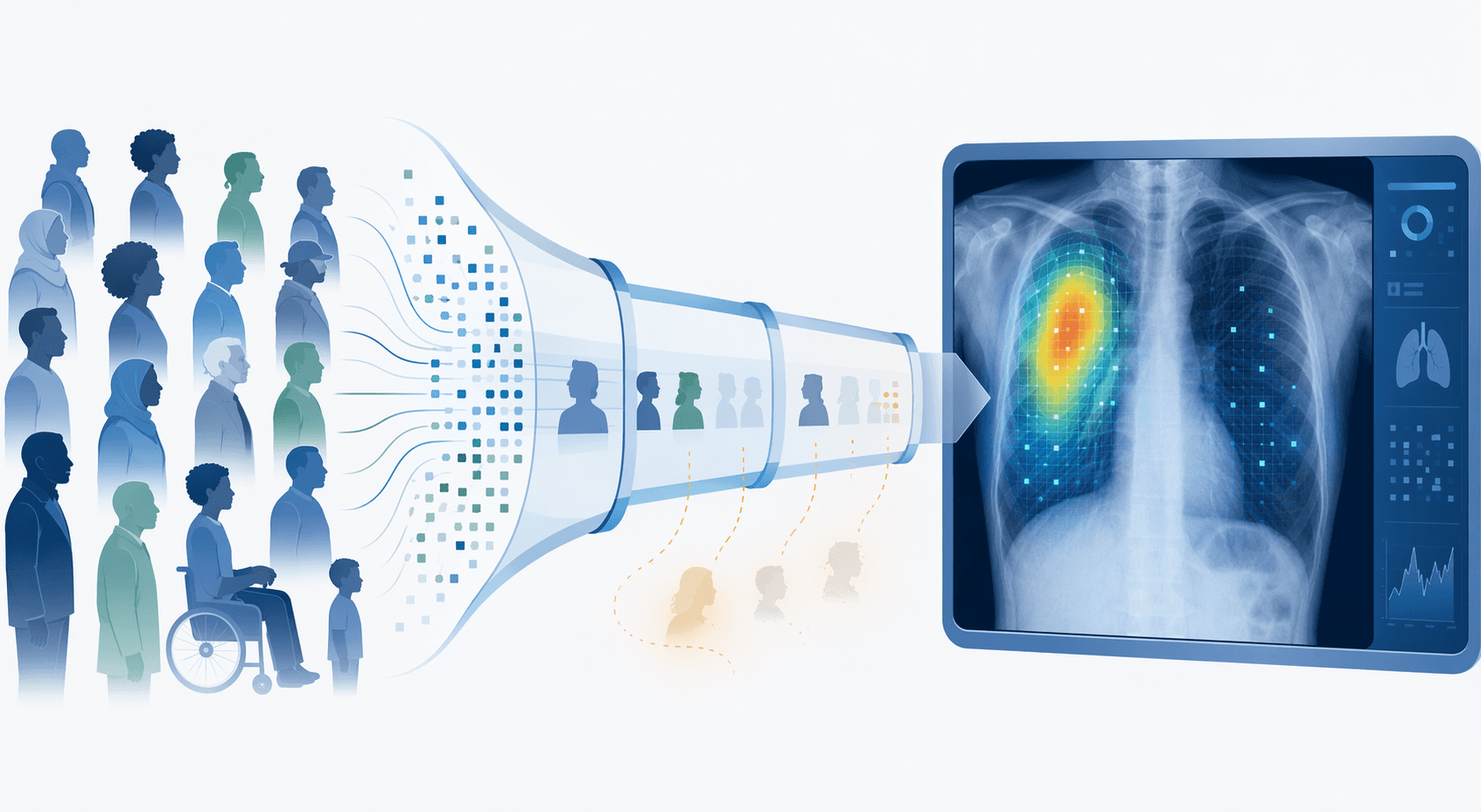 A clean editorial illustration showing diverse patient silhouettes in muted blues and greens feeding into a stylized data pipeline that narrows unevenly, with some silhouettes partially obscured, leading to a medical AI interface displaying a chest X-ray with uneven heatmap coverage — bright detailed analysis on one section and sparse dim analysis on another.