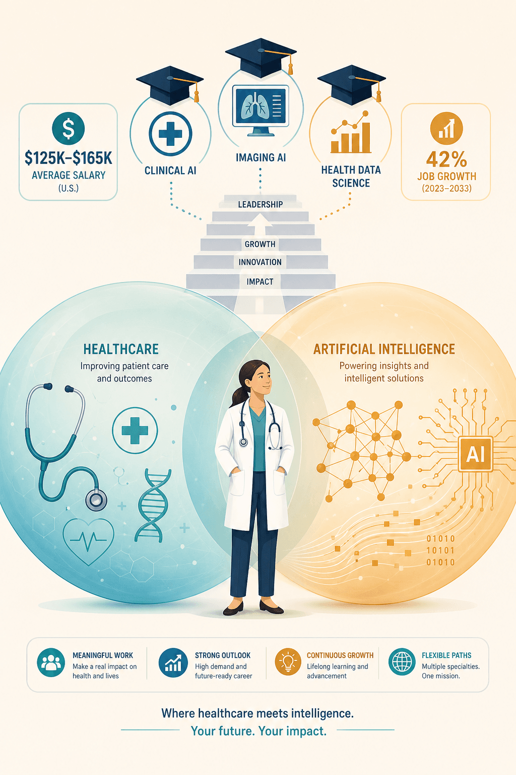 A flat vector illustration of a healthcare professional in a white coat standing at the intersection of two overlapping translucent spheres: a teal sphere with medical icons (stethoscope, DNA helix, medical cross) and a warm amber sphere with neural network nodes and circuit patterns. Above them, a pathway leads to three graduation caps labeled Clinical AI, Imaging AI, and Health Data Science. Floating badges show '$125K-$165K' and '42% job growth' in clean sans-serif typography on a light cream background.