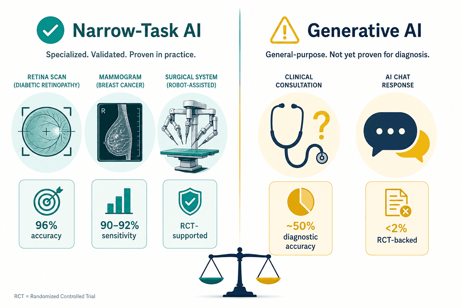 A split comparison visual with the left side labeled 'Narrow-Task AI' showing a green checkmark, retina scan and mammogram icons, and data badges reading 96% accuracy and RCT-supported; the right side labeled 'Generative AI' showing a yellow caution triangle, a stethoscope with question mark, and badges reading ~50% diagnostic accuracy and <2% RCT-backed, separated by a vertical divider on a white background.