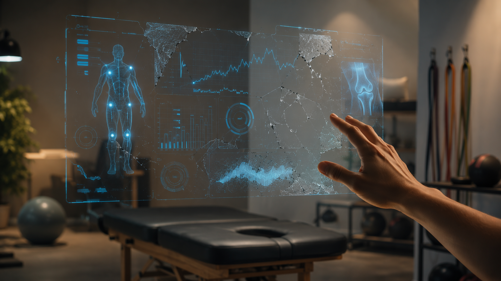 A clinical sports medicine room with a translucent data dashboard and a hand reaching toward it