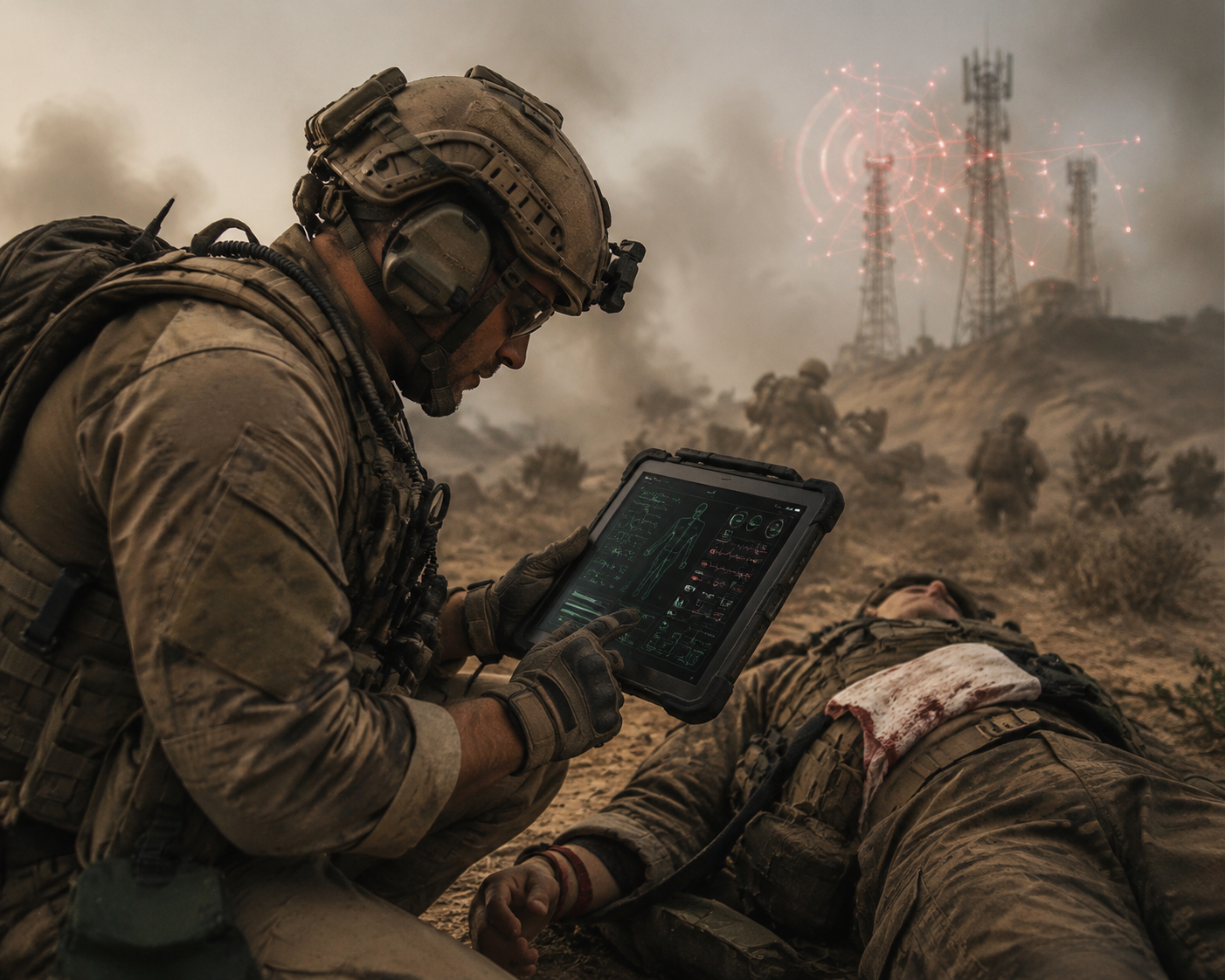 battlefield medic using a rugged tablet beside a wounded casualty in a dusty combat scene