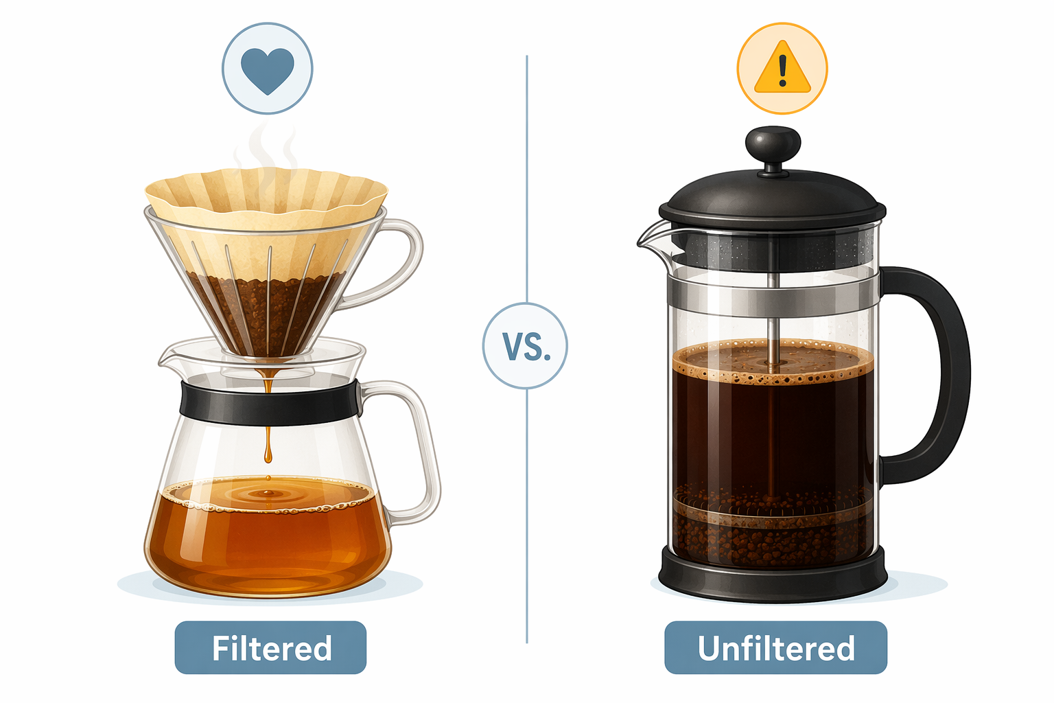 Comparison of filtered paper drip coffee and unfiltered French press coffee with heart and caution icons