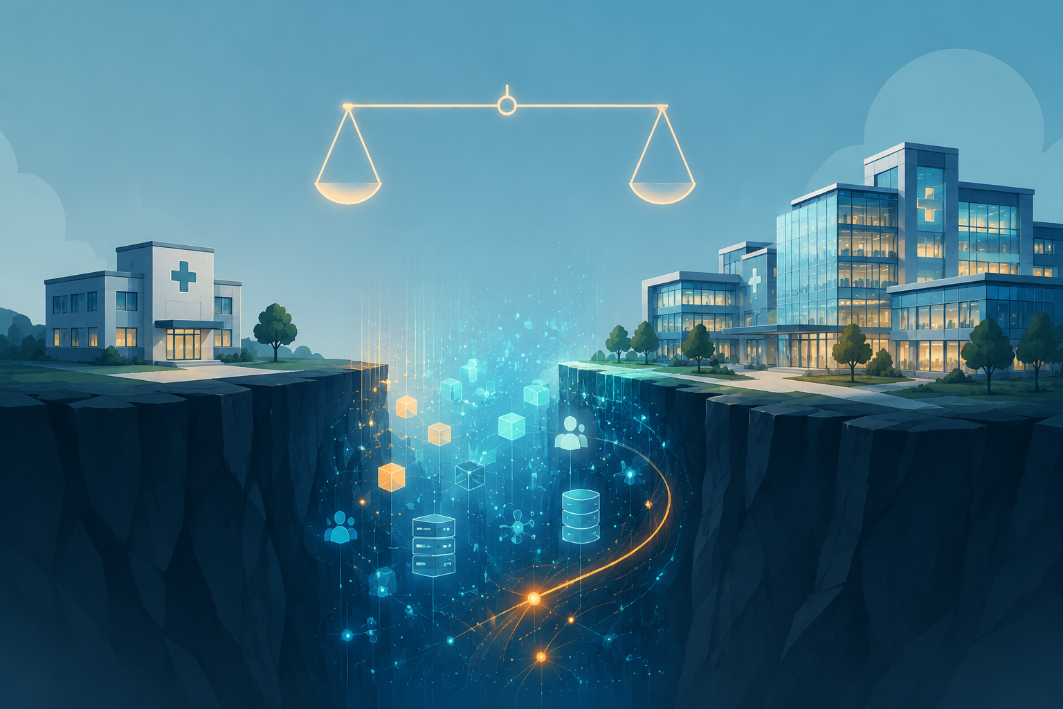 Small independent hospital separated from a large advanced health system by a glowing capability gap