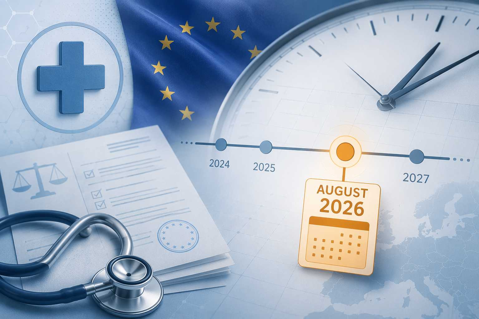 Medical compliance calendar highlighting August 2026 with EU regulatory styling
