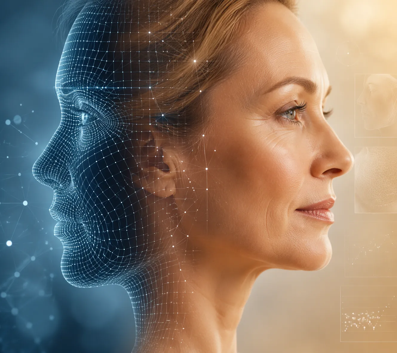 Facial profile split between digital measurement data and a human portrait