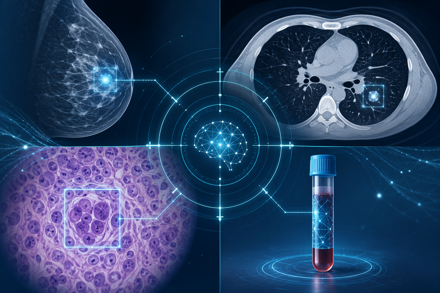 AI analysis across mammography, lung CT, pathology, and blood-based cancer screening modalities