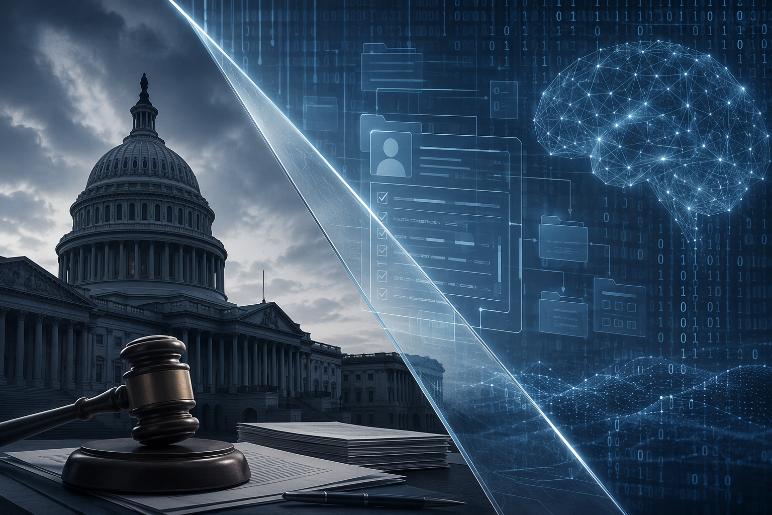Editorial illustration contrasting congressional documents and digital claims-processing interfaces