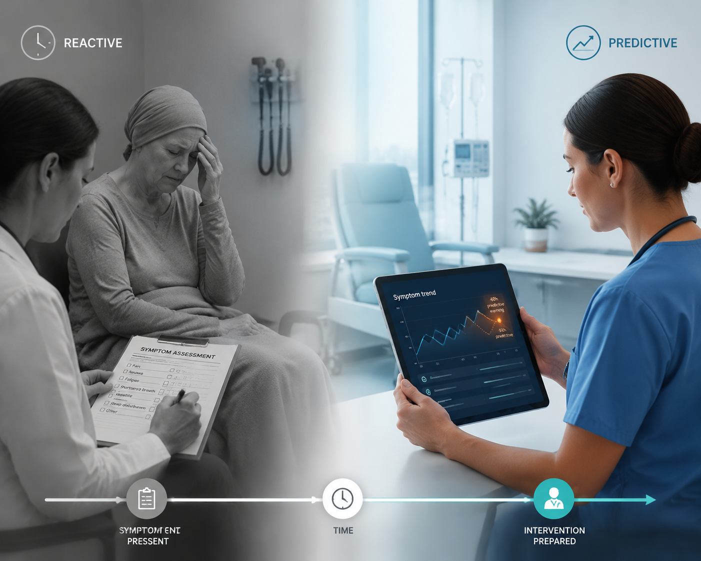 Clinical illustration contrasting reactive paper symptom documentation with predictive AI monitoring on a tablet
