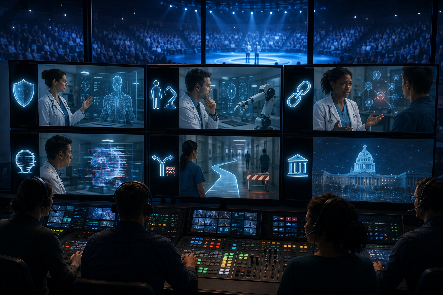 Television control room monitors showing medical drama AI ethics issues