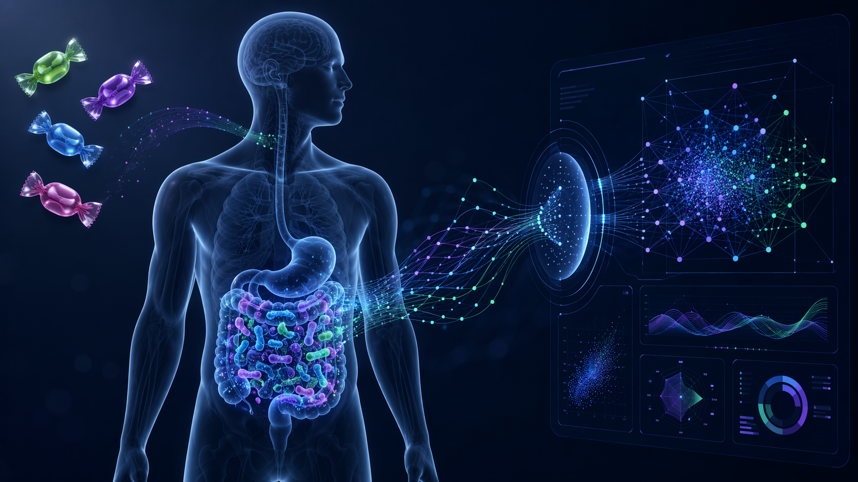 Human gut microbiome connected to predictive data with sugar-free candies nearby