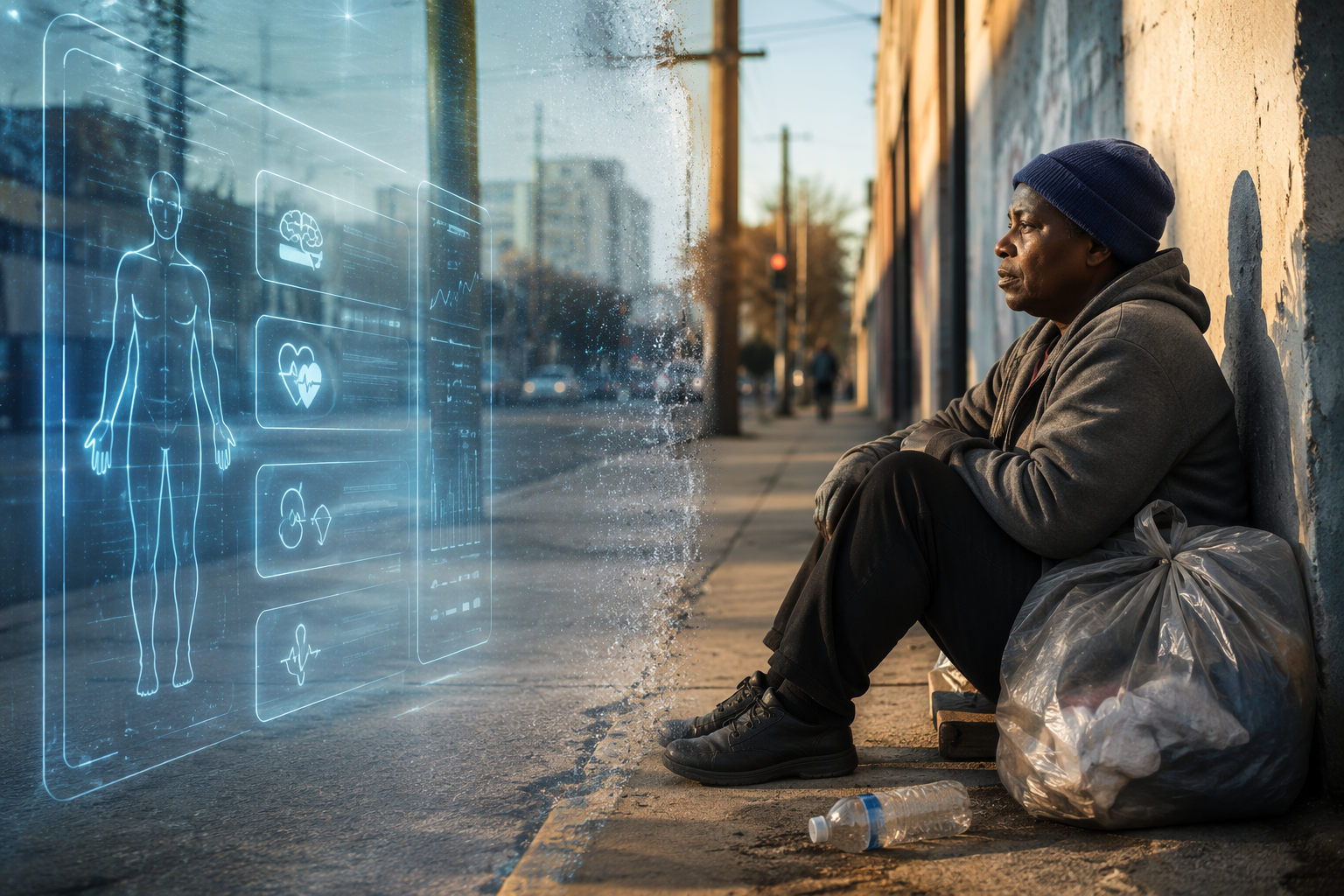 Digital clinical prompts separated from a person seated on a curb with belongings