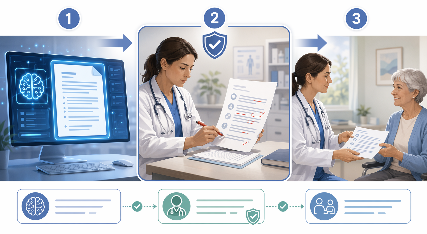 AI drafts discharge text, a clinician reviews it, and approved instructions are given to a patient