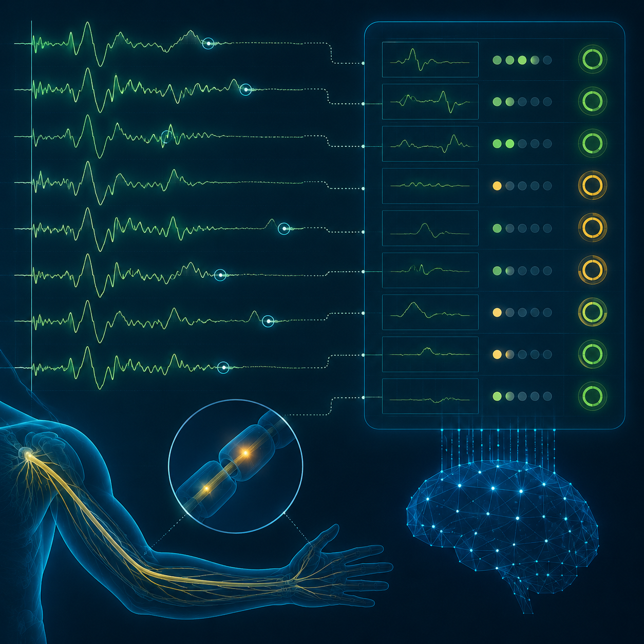 Nerve signal waveforms with AI classification markers for F-wave pattern analysis