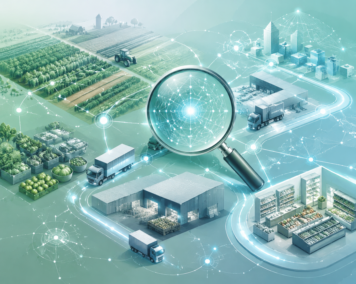 AI-powered traceability map connecting farms, distribution routes, warehouses, and recall-management signals