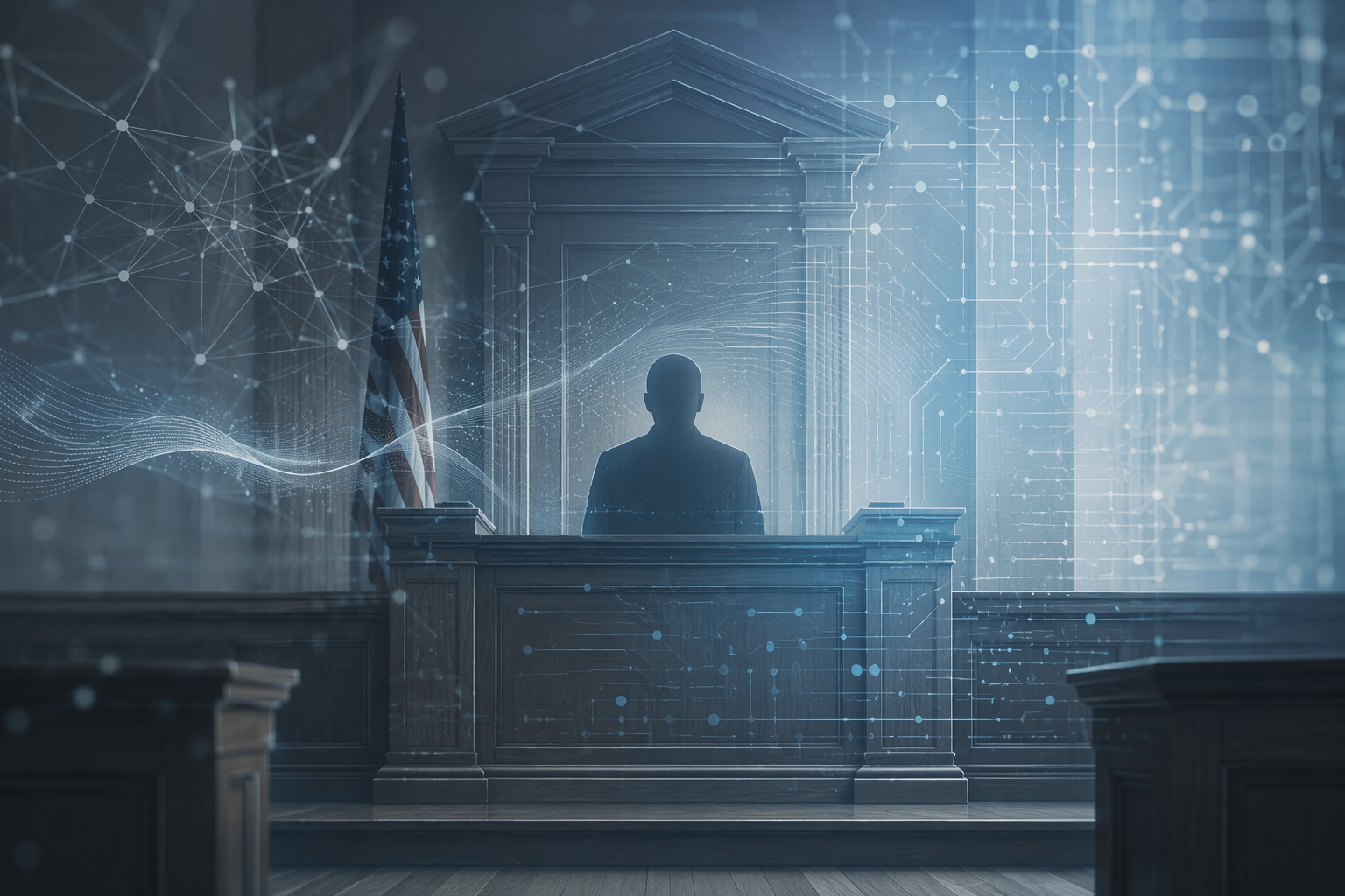 Courtroom witness stand overlaid with digital data streams and neural network patterns