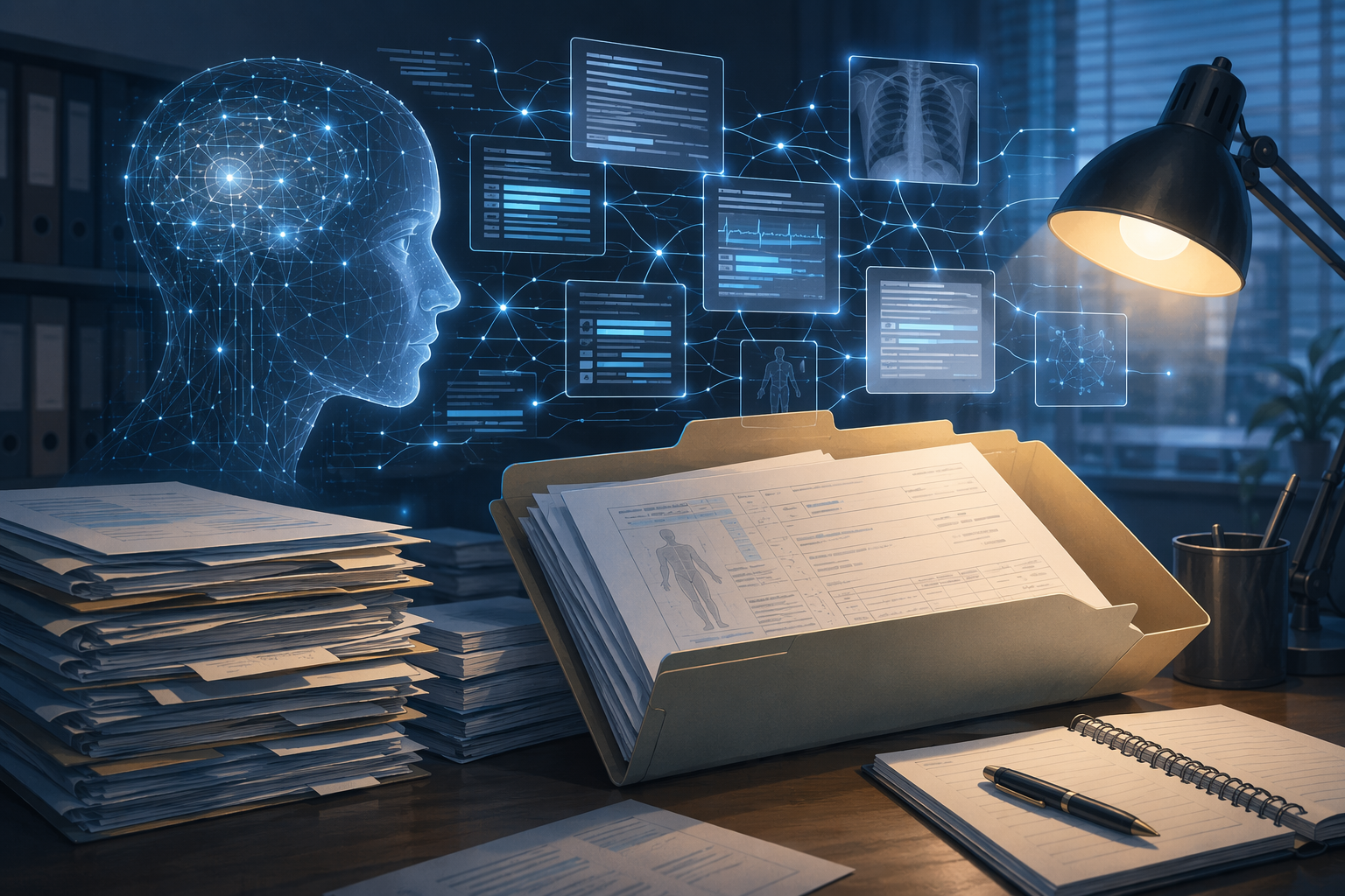 AI analyzing highlighted fragments of clinical evidence in a medical document folder