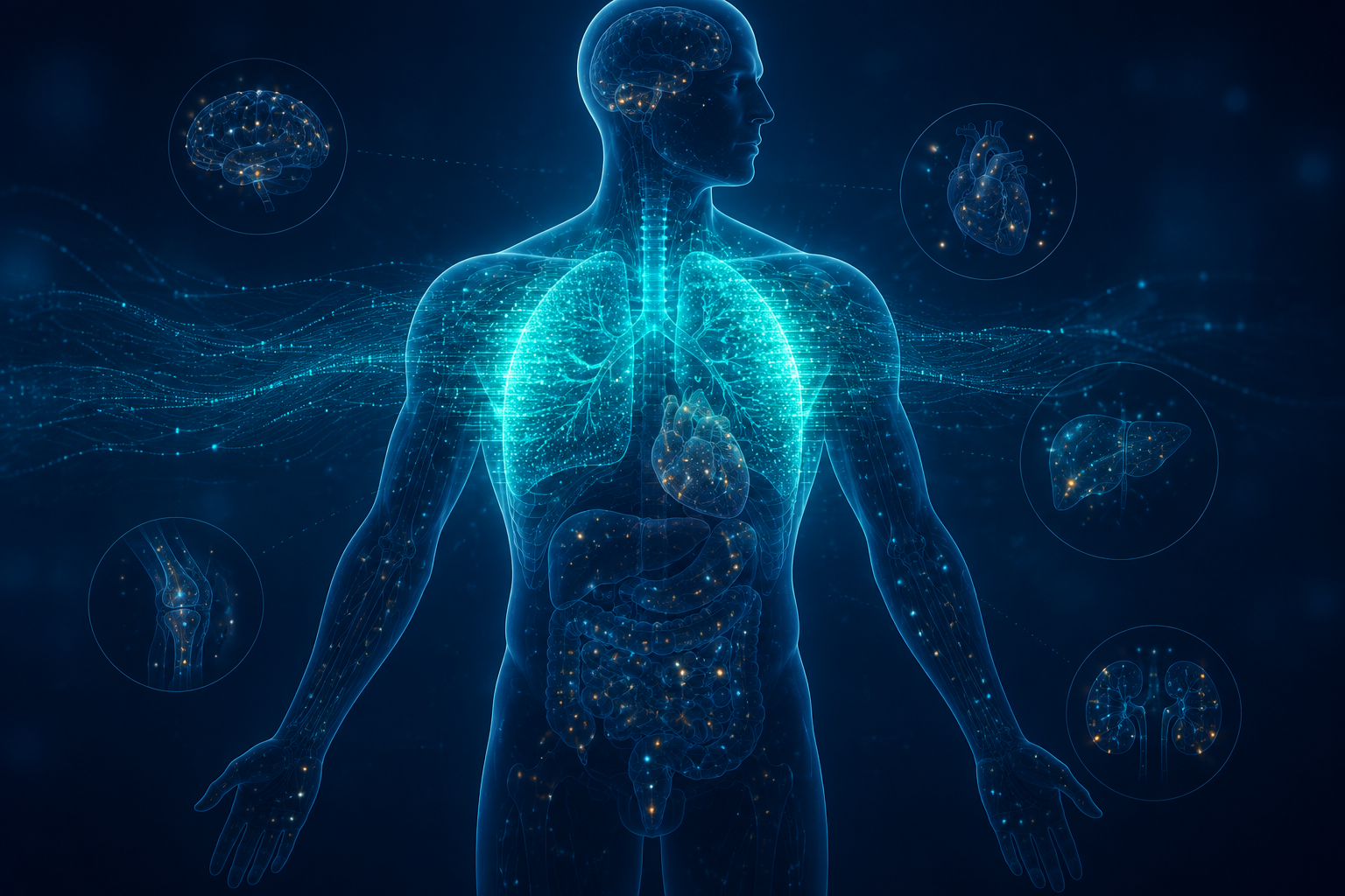 Abstract torso with concentrated imaging data in the thorax and sparse data in other body regions