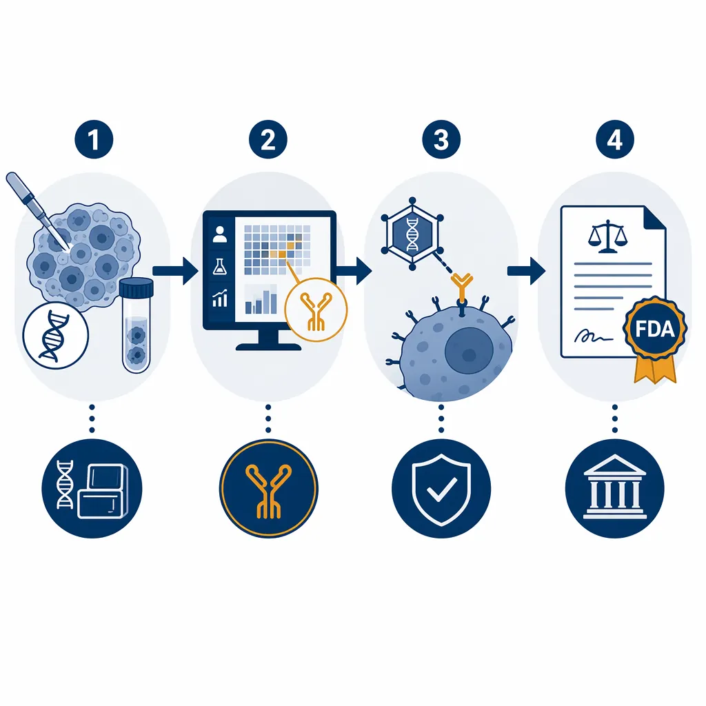 Pathway diagram showing tumor sampling, AI molecular profiling, platform gene therapy, and Right to Try access