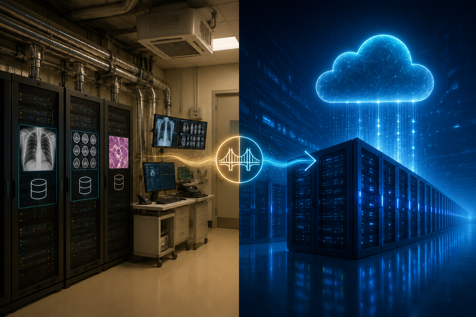 Comparison of on-premises hospital server room and cloud data center connected by a hybrid bridge