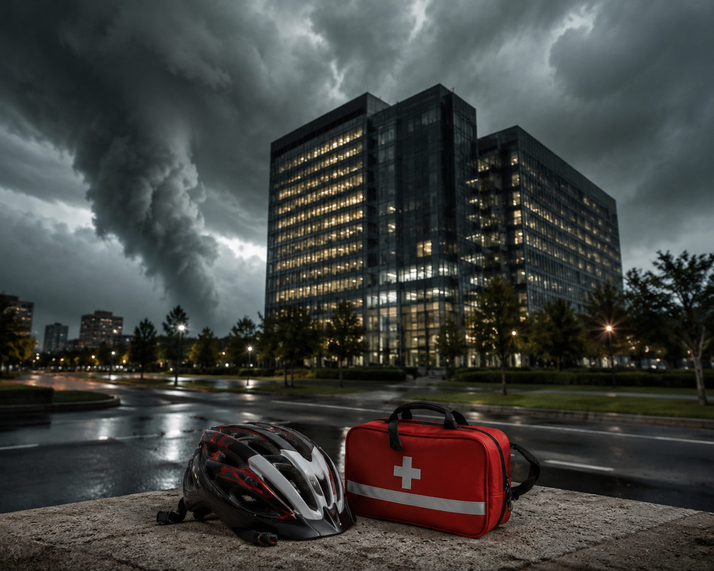 High-rise building under a tornado sky with a helmet and first-aid kit in the foreground