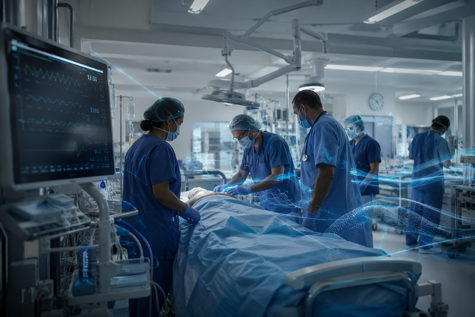 Trauma resuscitation bay with clinicians, monitors, and subtle AI decision-support overlays