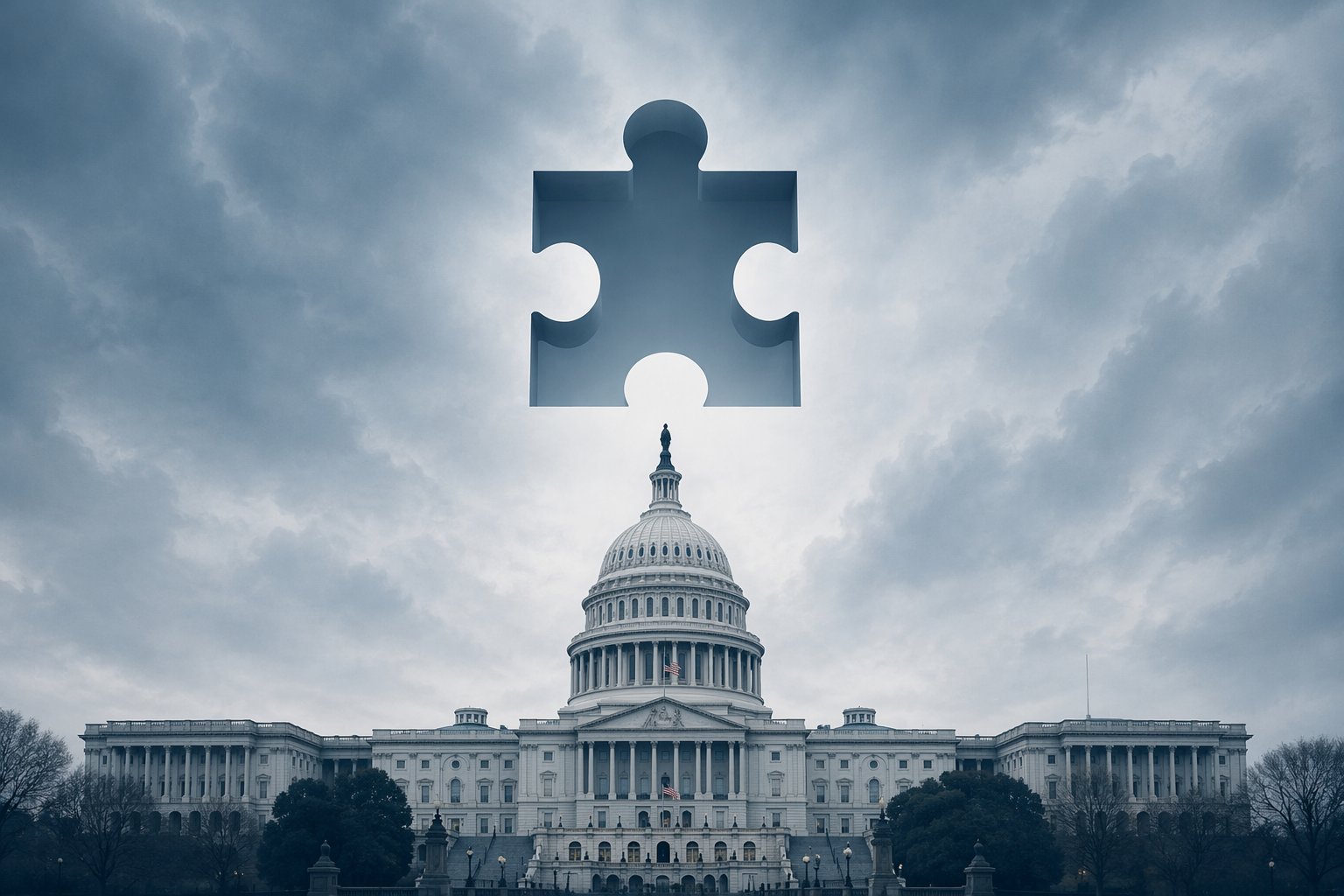 U.S. Capitol at dusk with a puzzle-piece gap above the dome representing a missing legal transparency requirement