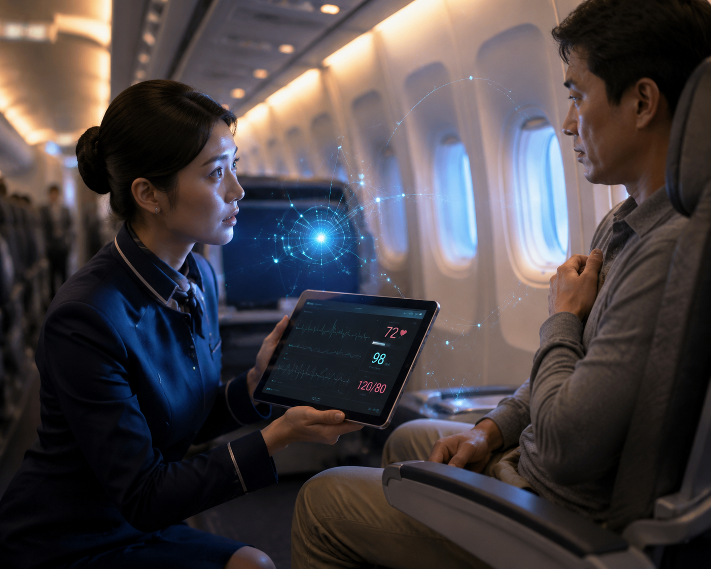 Cabin crew member using a tablet beside a seated passenger in an aircraft aisle with telemedicine data overlays.