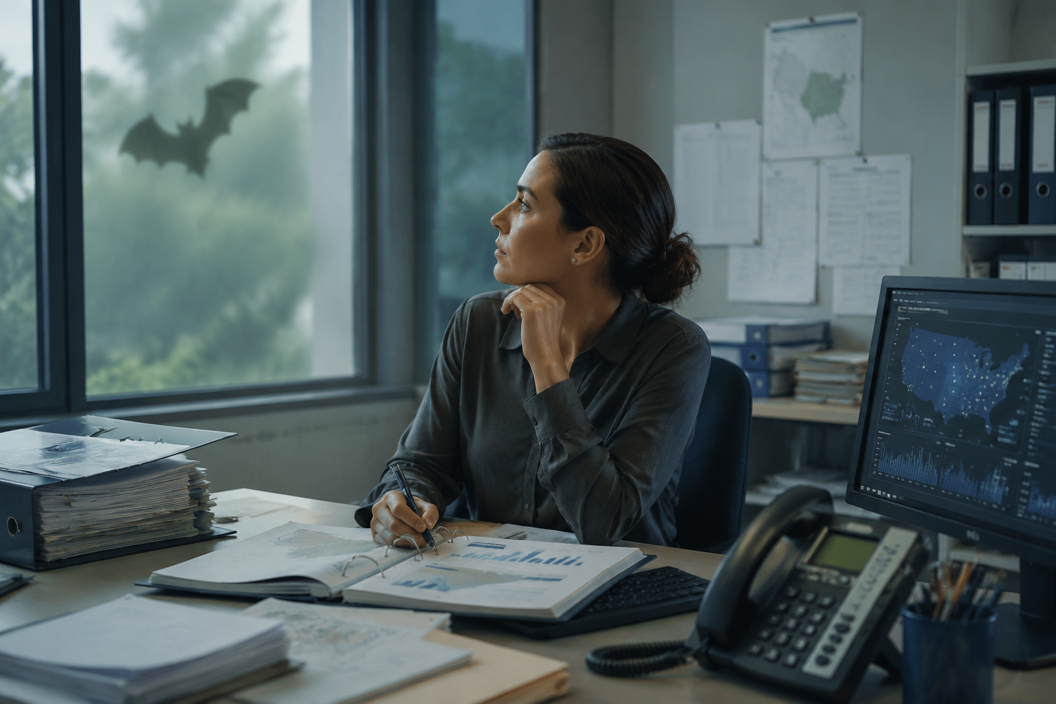 Public health professional reviewing reports while a faint bat silhouette suggests unrecognized exposure risk