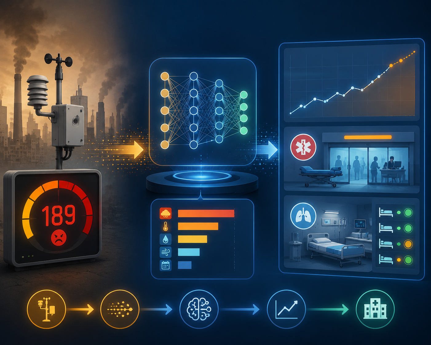 Environmental sensors feeding an interpretable AI model that forecasts hospital admissions and respiratory ward demand