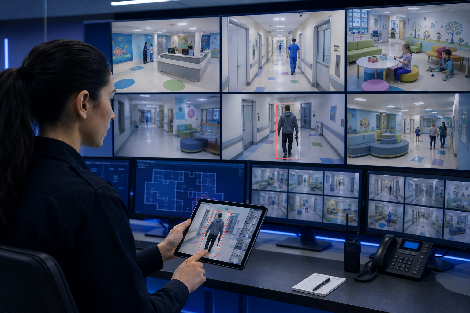 Hospital security operations center with multiple camera feeds and an operator reviewing an AI-generated visual alert