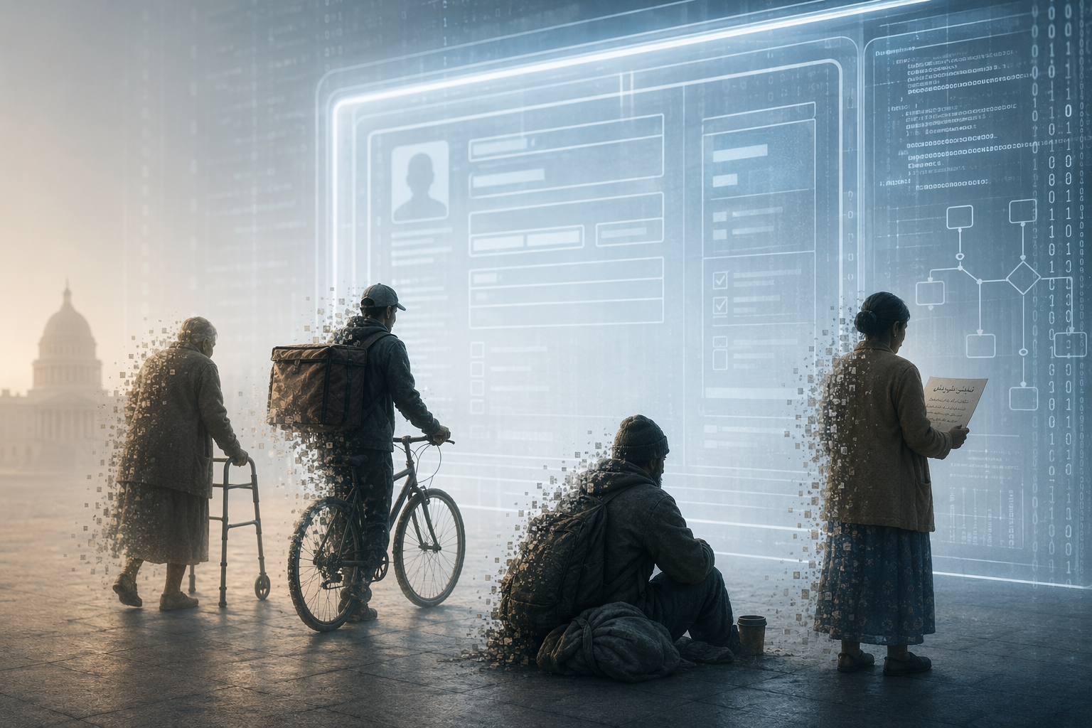 A digital verification portal with four people approaching it in the foreground, showing a disconnect between the system and the people it is meant to serve.