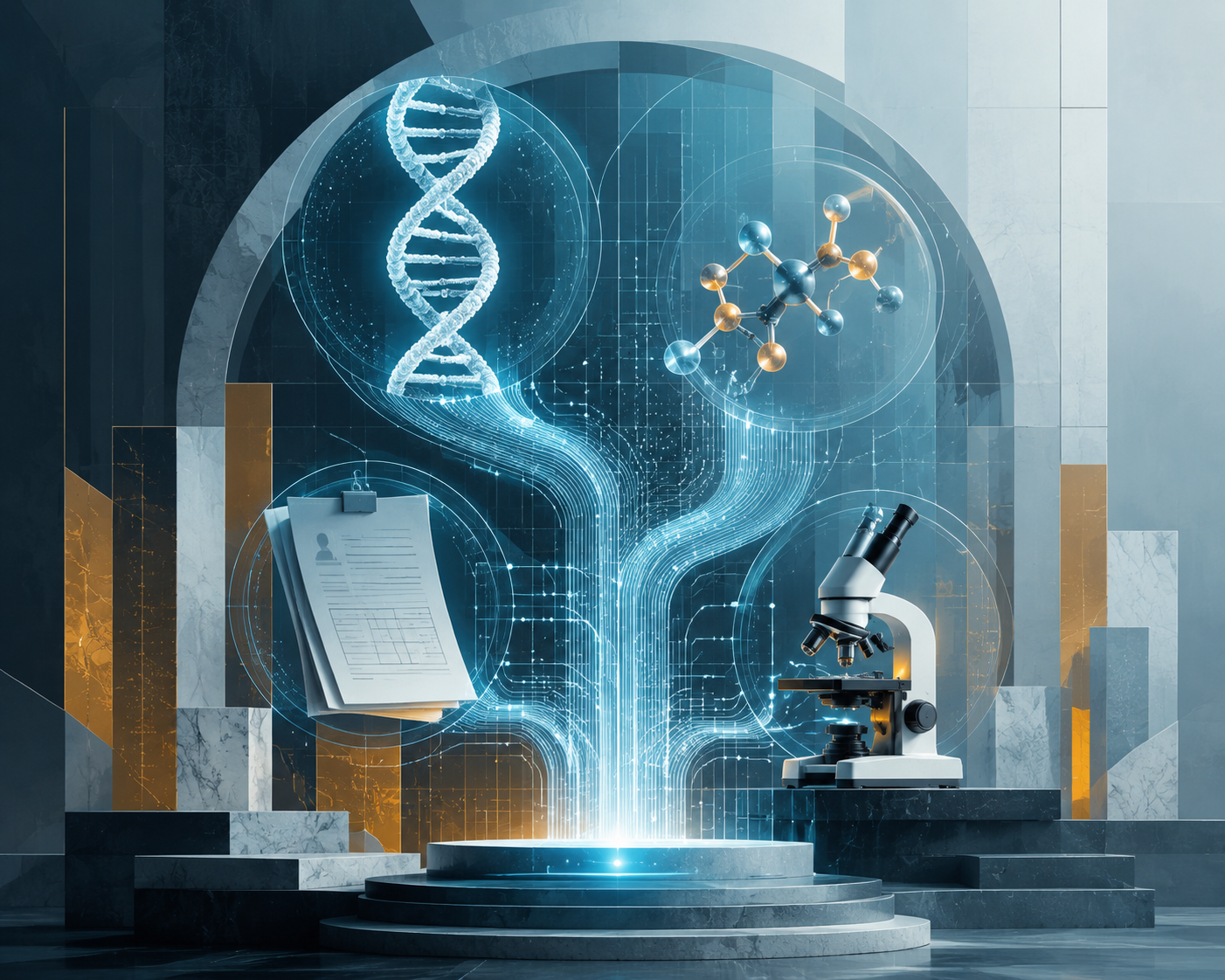 Digital AI infrastructure connecting medical research data flows, DNA, drug molecules, documents, and laboratory elements