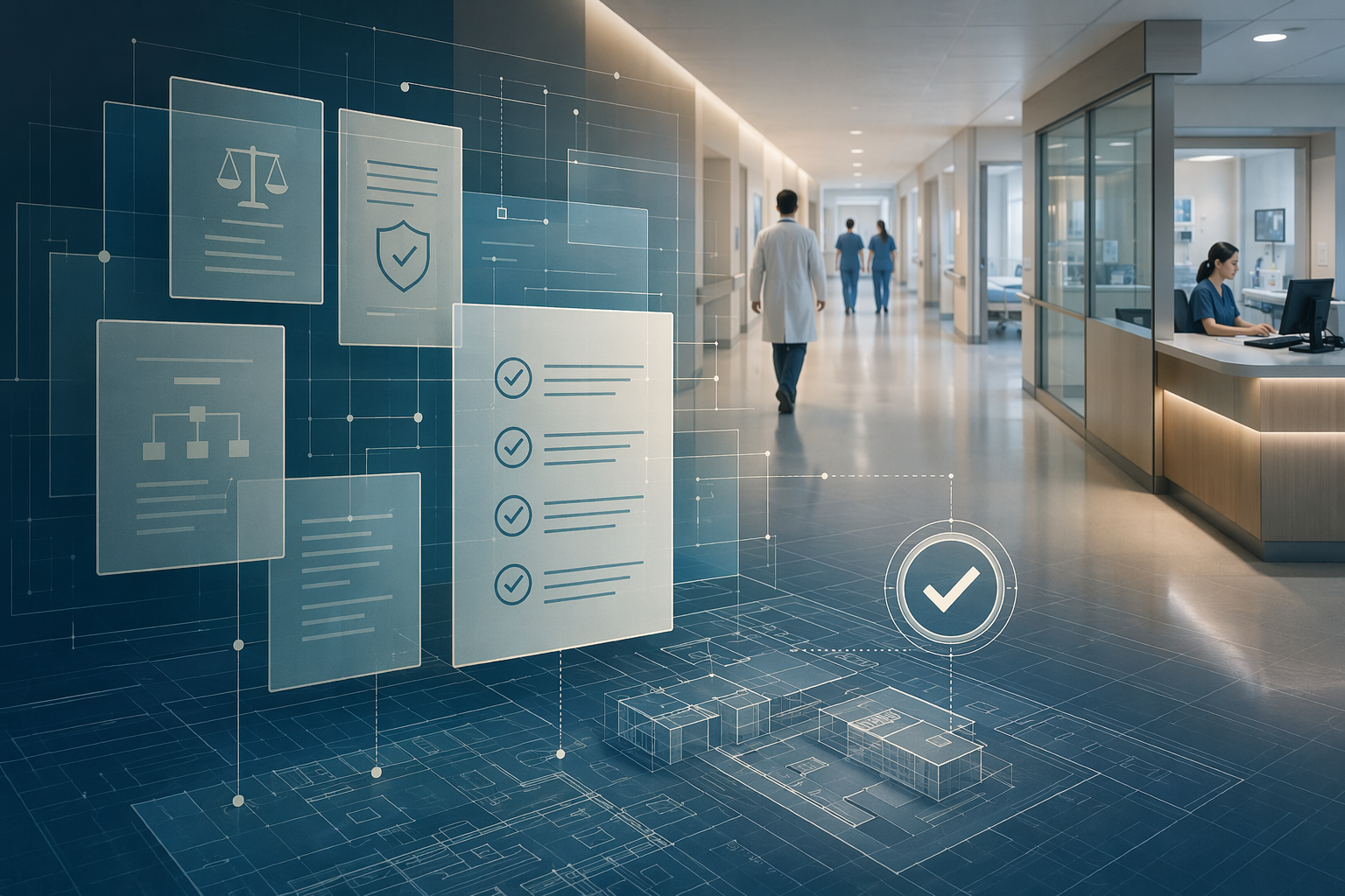 Hospital corridor overlaid with interconnected policy documents and governance framework nodes